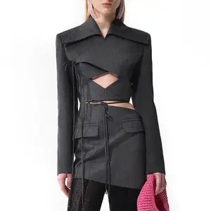 OEM индивидуальный дизайн, укороченный блейзер с длинными лямками, пикантный женский короткий клетчатый облегающий пиджак с одним нагрудным карманом
