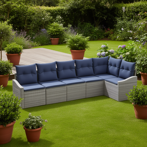 Ensemble de canapés de jardin en polyrotin gris avec coussins, 6 places, mobilier d'extérieur, design contemporain - Product Image 2