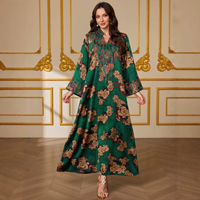 Robe longue musulmane pour adultes, style vintage, imprimé floral, col montant, manches évasées brodées, en polyester respirant, type Abaya Kaftan