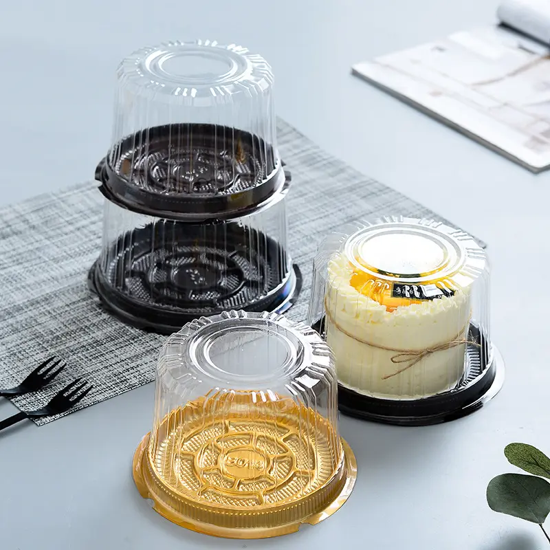 Caixa de plástico redonda para embalagem de bolos, recipiente transparente para bolos, recipiente dourado e preto com tampa de cúpula transparente para padaria e festas em casa