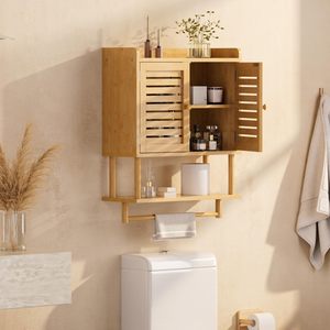 Bathroom Wall Cabinet Bamboo Medicine Cabinet with Double Doors 3 Tier Adjustable <b>Shelf</b> for <b>Kitchen</b> Bedroom Living Room - Product Image 3
