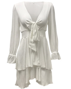 <span class=keywords><strong>Vestiti</strong></span> primaverili all'ingrosso donne Boutique bianco profondo scollo a v a maniche lunghe casa protezione solare gonna volant <span class=keywords><strong>vestiti</strong></span> del vestito - Product Image 4