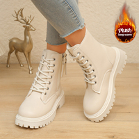 Bottes d'hiver chaudes doublées en fourrure pour femmes, semelle plateforme épaisse, lacets, fermeture éclair latérale, bottes de combat noires et beiges