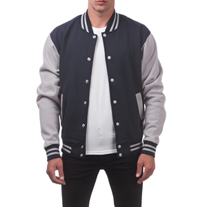 Veste universitaire classique personnalisée gris marine avec boutons-pression et bordure en tricot côtelé rayé, unisexe, streetwear, veste d'équipe personnalisée, vêtement d'extérieur - Product Image 1