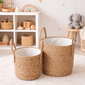Panier de rangement rond en osier, écologique, pour linge et jouets, avec poignées, pour la maison, la chambre et le salon - Product Image 4