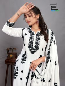 Pantalon Kurti tendance en rayonne noire et blanche avec design élégant Dupatta parfait pour les occasions spéciales disponibles à un prix abordable - Product Image 5