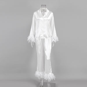 QINSI tüy ile 2025 kadın zarif saten pijama seti moda-rahat katı desen 2-Piece salonu giyim için bahar - Product Image 5