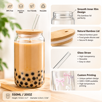 Gobelets en verre borosilicate modernes personnalisables avec logo, 16oz et 18oz, avec couvercles en bambou et pailles, transparents, pour café glacé, bière et thé