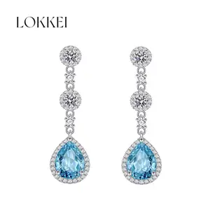 Luxury Pear Cut Blue Topaz Gemstone Tassel Earrings 925 Sterling Silver Drop Earrings For Wedding