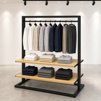 Table de présentation en bois à deux niveaux en métal noir avec crochets pour chapeaux, présentoir d'accessoires de vente au détail, vente en gros
