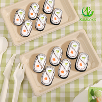 Plateau à sushi compostable SUMKOKA en canne à sucre, récipient alimentaire jetable, plateau à sushi en bagasse avec couvercle en PET