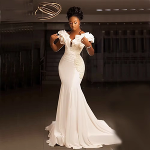 Vestidos de Noiva Sereia Africanos com Esspartilho Costas e Cauda Sweep Ombro a Ombro com Contas Personalizados para Recepção de Casamento - Product Image 1