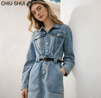 CHIU SHUI Robe en jean rétro pour femme, décontractée, cintrée à la taille, coupe trapèze, mini, en coton, pour l'automne