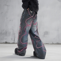Nouveau style tendance : Pantalon en jean gris électrique coupe droite pour homme, délavé et déchiré, coupe ample et large, long.