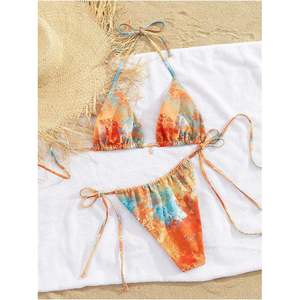 ชุดบิกินี่ลายดอกไม้สไตล์โบฮีเมียนสำหรับผู้หญิง แบบสามเหลี่ยมผูกคอ สายผูกข้าง ชุดว่ายน้ำสองชิ้น ชุดชายหาดสำหรับฤดูร้อน - Product Image 3