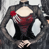 Gaun Kostum Vampir Gothic Wanita - Gaun Pendek Beludru Merah & Hitam di Atas Lutut dengan Lengan Berbahan Jaring Laba-laba Transparan dan Korset Berikat Tali