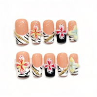 Faux ongles à presser faits main, motif zèbre français estival, luxe, avec fleurs 3D, réutilisables, à coller, pour la vente en gros