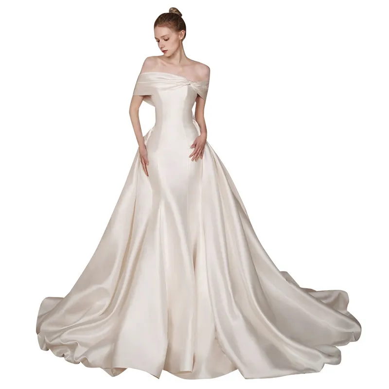 Custom sizes bridal wedding dresses satin One-shoulder fishtail large trailing white formal wedding dresses