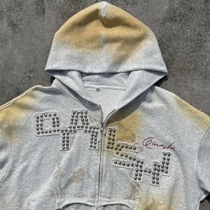 Hoodie vintage imprimé effet soleil délavé en molleton bouclette, coupe courte, brodé, 100% coton premium, zippé, unisexe - Product Image 2