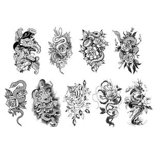 1 jeu <span class=keywords><strong>de</strong></span> 9 pièces <span class=keywords><strong>tatouages</strong></span> temporaires autocollant noir motif magnifique et artistique fleur <span class=keywords><strong>de</strong></span> serpent tatouage imperméable pour visage bras jambe - Product Image 6