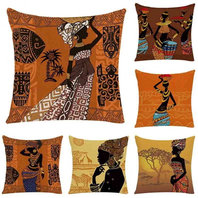 Moda arte estilo Retro almohada étnica antigua africana mujer funda de almohada impresión Digital 45*45 decoración del hogar funda de almohada