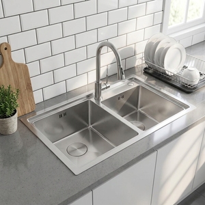 Évier de cuisine double en acier inoxydable fait main, style ferme, à encastrer sous plan, à deux trous, pour usage domestique - Product Image 1