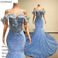 Ocstrade Prêt à expédier - Contactez-nous avant de commander Robe de bal sirène bleu clair scintillante, épaules dénudées, robe de soirée ornée de fleurs 3D et de strass