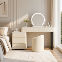 Ensemble de coiffeuse moderne en panneaux de bois blanc avec miroir LED réglable, tiroirs de rangement, table de maquillage pour chambre d'hôtel