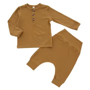 Autumn Winter Baby Toddler & Kids Clothing Set With Long Sleeves Tops And Long Pants Ribbed Bamboo Spandex Fabric Outfits