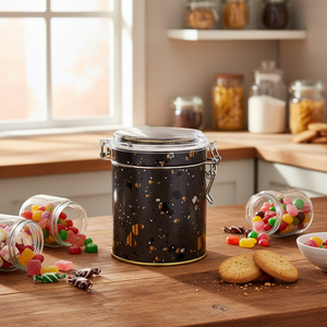 Terrazzo <b>Black</b> round Metal Storage <b>Box</b> Ø90x110mm Ball Pattern Wire Clasp Transparent Lid Recyclable Tinplate for Candy Storage - Product Image 3