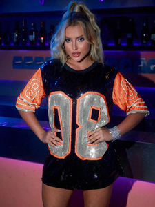 T-<span class=keywords><strong>shirt</strong></span> long scintillant personnalisé pour femmes, style hip-hop, à sequins, pour fans de football et de <span class=keywords><strong>baseball</strong></span>, collection été, vente chaude - Product Image 6