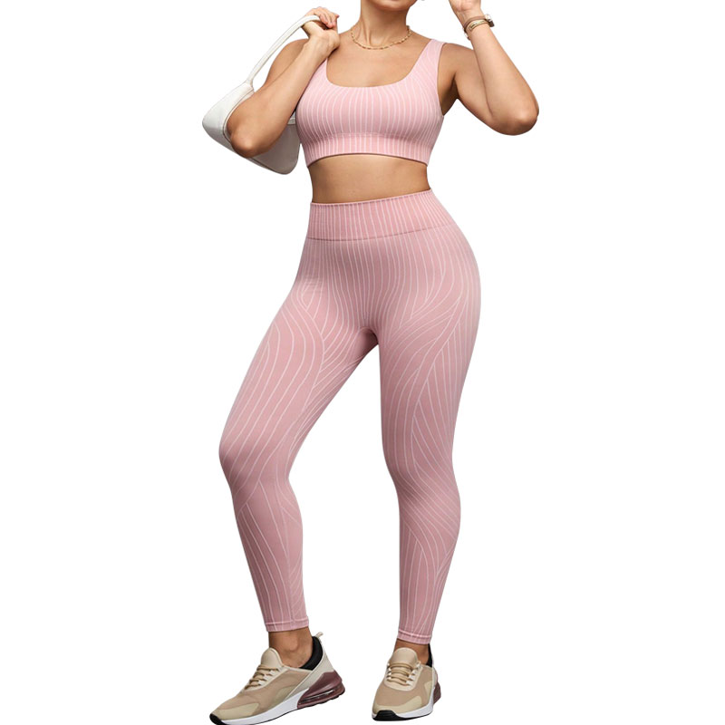 Wholesale Women's Yoga Two Piece Sets: Pink Striped Twist Design Beautiful Back Bra and Tight High Waist Pants for Gym Wear