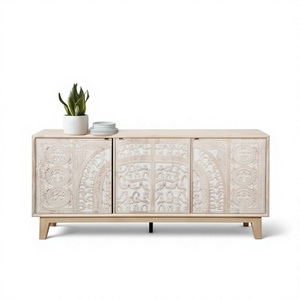 Antique White Solid Mango Wood Handmade Dining Table with Decorative Doors and <b>Metal</b> Handles Rajasthan Origin Home Furniture - Product Image 2