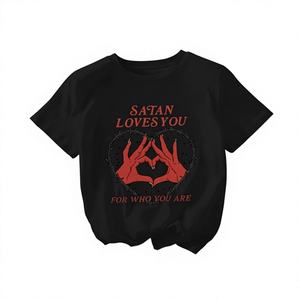 T-shirt décontracté à manches courtes pour femme Satan Loves You, motif cœur noir imprimé, lettres rouges, en coton léger pour l'été - Product Image 1