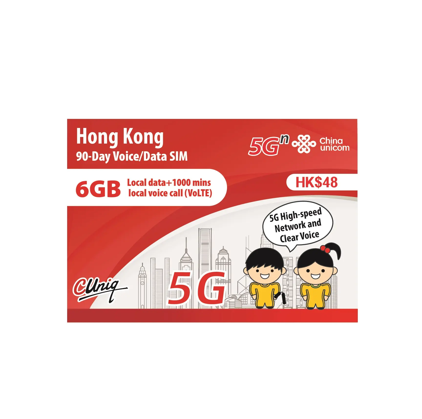 China Unicom Pré-pago Sem Fio SIM 5G Cartões de Dados 6GB Hong Kong 90 Dias de voz e dados SIM