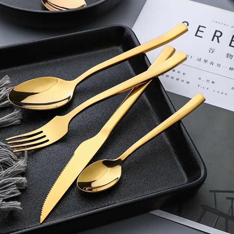 Restaurant Spoon Fork Knife Sets S-curve Design Stainless Steel PVD Coated Gold Plated Golden Flatware Fork For Hotel Outdoor