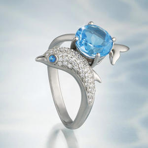 Anello Cocktail F361 a Forma di Delfino per Donna, con Pietra Rotonda in Acquamarina Naturale, Montatura Pavé, Regalo, Anelli alla Moda - Product Image 3
