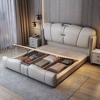Cadre de lit king-size en bois de luxe moderne, lit double en cuir italien de luxe léger avec rembourrage souple et rangement intégré