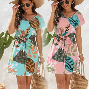 New women clothing summer lady floral print drawstring dress V neck short sleeves resort beach casual loose women's dresses