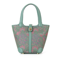 Sac seau rétro chinois en jacquard pivoine avec garniture en cuir, fermoir tournant doré, poignée supérieure et bandoulière amovible, mini sac à main pour femme