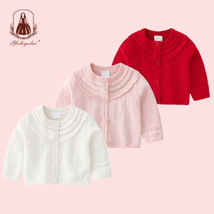 Venta al por mayor bordado ropa <span class=keywords><strong>de</strong></span> niños hueco sólido Collar Color <span class=keywords><strong>de</strong></span> punto <span class=keywords><strong>de</strong></span> bebé niñas suéteres Cardigan con botón - Product Image 1