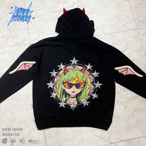 Tùy Chỉnh Ma Quỷ Sừng Hoodie Đinh Tán Thiết Kế Brim Chống Nhăn 100% Bông Lông Cừu <span class=keywords><strong>M</strong></span>àn Hình In Tùy Chọn Tùy Chỉnh Nặng Thời Trang <span class=keywords><strong>D</strong></span>ạo Phố - Product Image 1