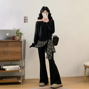 Women's Off-Shoulder Sweatshirt Plaid Patchwork Flared Pants Two-Piece Set Casual Knitted Outfit Black Brown Option - Product Image 3