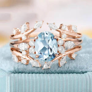 アンティークヴィンテージリーフクラスターエンハンサーリングオーバルローズアクアマリンエンゲージリングセットS925ゴールドマーチ誕生石リング - Product Image 3