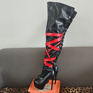 รองเท้าบูทผู้หญิงไซส์ใหญ่ 47 พื้นหนา แบบสวมสูงเหนือเข่า  ผูกเชือก  สายรัดไขว้สีแดง - Product Image 5