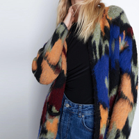 Cardigan long tricoté pour femme, motif floral abstrait tendance, style vintage, effet mohair duveteux, coupe oversize, devant ouvert