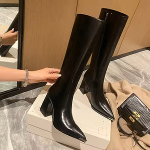 Bottes hautes à bout pointu pour femmes, bottines longues en cuir avec fermeture éclair latérale, chaussures élégantes à talons hauts pour femmes, chaussures de soirée - Product Image 4