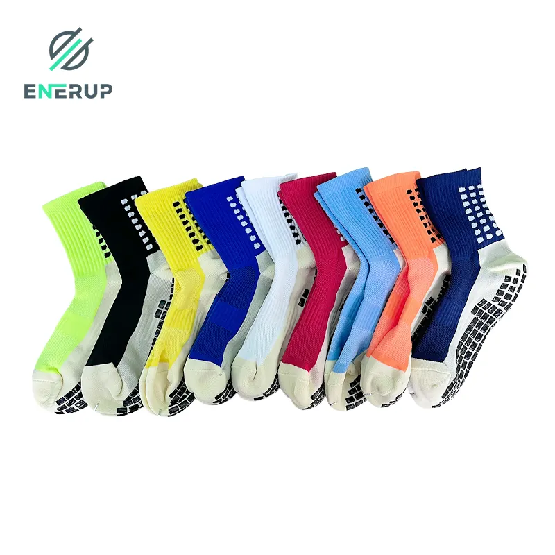 Calcetines de fútbol personalizados Enerup con agarre, fabricante de diseño de cinta de fútbol, calcetines deportivos largos con agarre