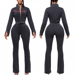 Femmes sur mesure Logo mode délavé à l'acide décontracté fermeture éclair à capuche ensemble à manches longues brodé chemisier et pantalon deux pièces ensemble - Product Image 1