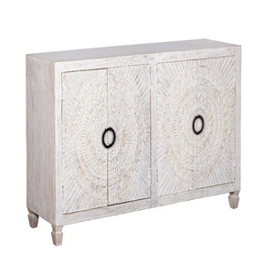 Hand-Carved Wooden Sideboard <b>Cabinet</b> with Sunburst Design | Antique <b>White</b> 2-Door <b>Storage</b> Console | Vintage Living Room - Product Image 2